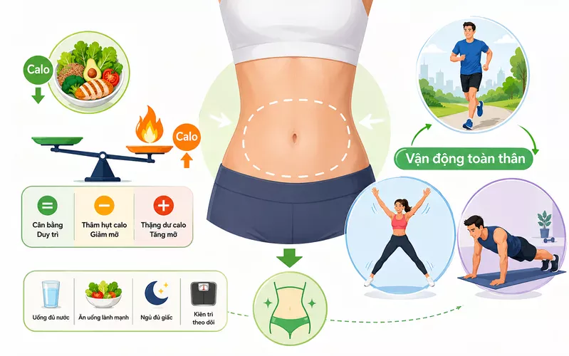 Muốn giảm mỡ bụng cần tạo thâm hụt calo, kết hợp dinh dưỡng và vận động toàn thân.